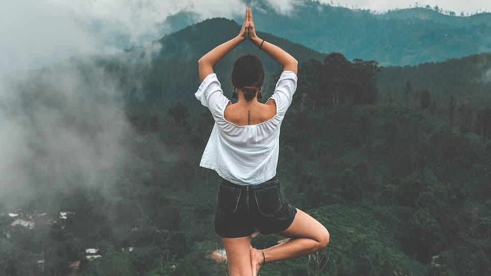 woman standing on rock facing forest