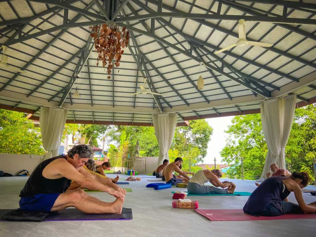 A diverse group of people practicing yoga in a tranquil open-air pavilion, focusing on health and wellness.