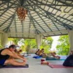 A diverse group of people practicing yoga in a tranquil open-air pavilion, focusing on health and wellness.
