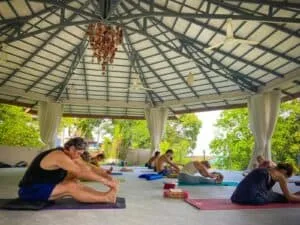 A diverse group of people practicing yoga in a tranquil open-air pavilion, focusing on health and wellness.