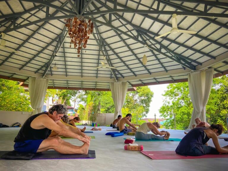 A diverse group of people practicing yoga in a tranquil open-air pavilion, focusing on health and wellness.