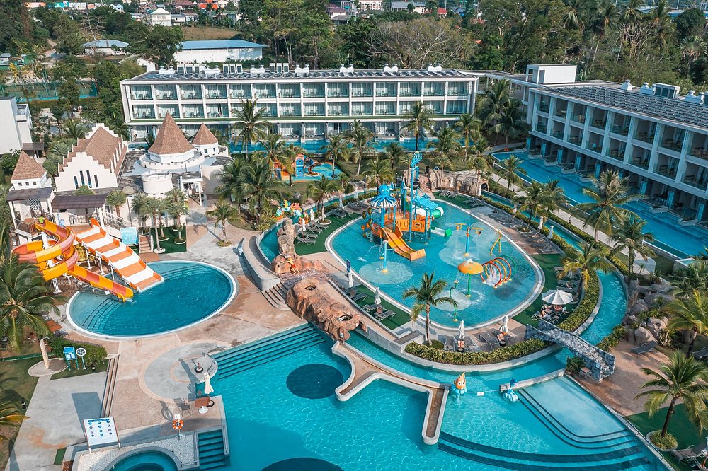 Aerial view of water park resort with slides.