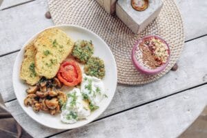 Healthy breakfast plate with toast, eggs, mushrooms