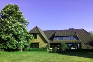 Brick house with sloped roof and large tree