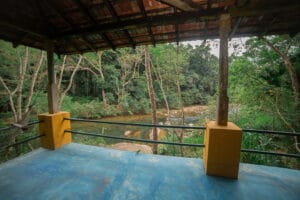 Covered porch overlooking lush forest and river
