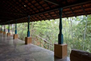 Covered veranda overlooking lush green forest