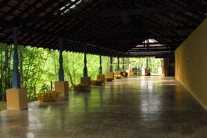Open-air corridor with wooden roof and greenery