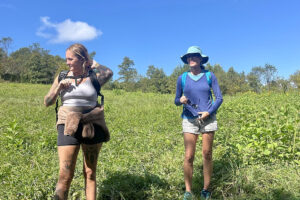 Two women hiking in sunny grassy field