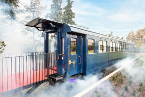 Vintage blue train carriage surrounded by mist outdoors