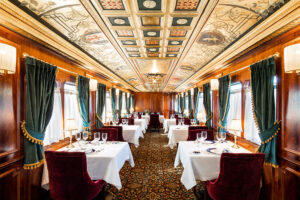 Elegant vintage train dining car interior