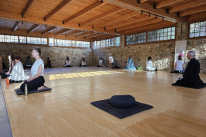 People meditating in sunlit wooden studio hall