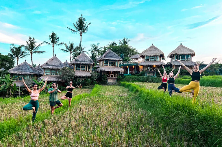 Group practicing yoga in tropical rice field resort