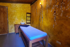 Cozy spa room with massage table and floral decor