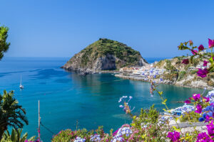 Turquoise bay with hillside village and flowers