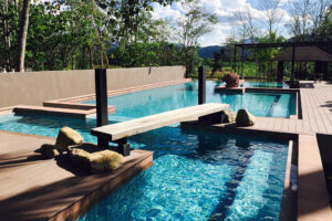 Modern infinity pool with wooden deck and trees