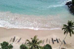Aerial view of tropical beach with boats