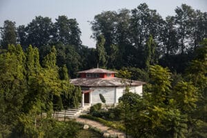 Circular pavilion surrounded by lush forest greenery