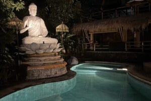 Illuminated Buddha statue beside tropical pool at night