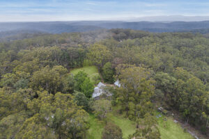 Aerial view of house surrounded by dense forest
