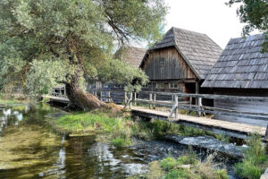 Rustic wooden cottages beside a clear stream