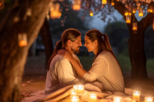 Couple sharing intimate moment under candlelit tree