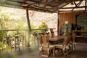 Rustic outdoor wooden dining area with plants