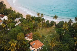 Aerial view of tropical beachfront villas and palm trees
