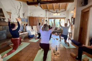 Group yoga class in cozy living room