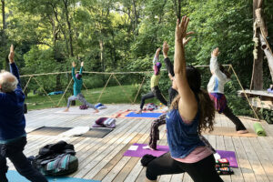 Group practicing yoga on outdoor wooden deck