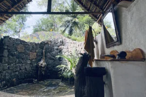 Rustic open-air stone bathroom with tropical plants
