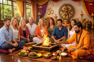Group participating in Hindu fire ritual indoors