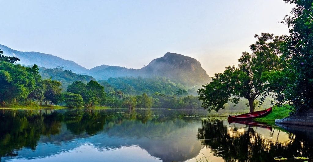 Lake and mountains at Ulpotha yoga and Ayurveda retreat in Sri Lanka